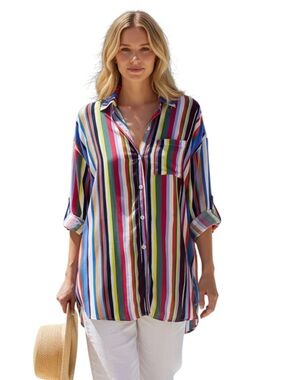 Anne Cole Easy Breezy Barcode Stripe Button Down Shirt Swimsuit Cover Up, Medium